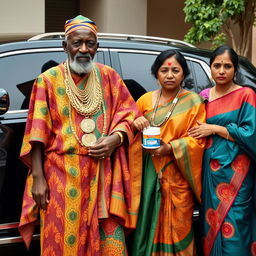 An older African man dressed in colorful traditional attire, adorned with numerous shiny gold chains, stands proudly next to a big, luxurious car