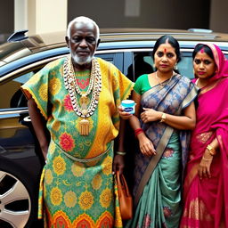 An older African man dressed in colorful traditional attire, adorned with numerous shiny gold chains, stands proudly next to a big, luxurious car