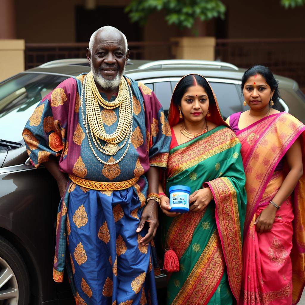 An older African man dressed in colorful traditional attire, adorned with numerous shiny gold chains, stands proudly next to a big, luxurious car