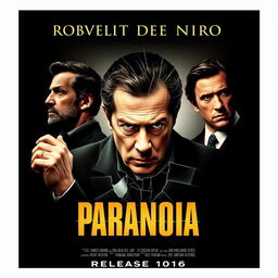 An engaging movie poster titled 'Paranoia', featuring Robert De Niro as the central character, exuding depth and intensity