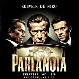 An engaging movie poster titled 'Paranoia', featuring Robert De Niro as the central character, exuding depth and intensity