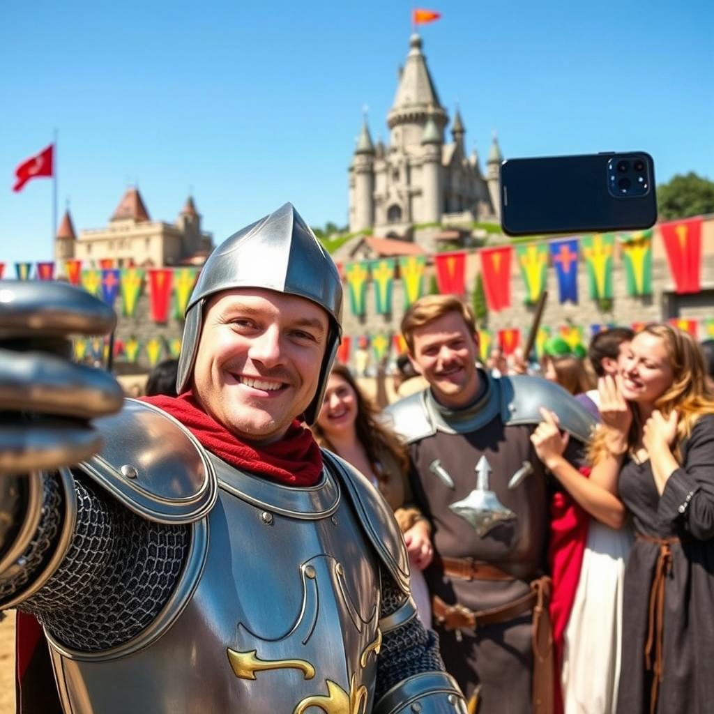 A whimsical selfie taken in a medieval setting, featuring a knight in shining armor with a confident smile, a vibrant jousting tournament backdrop with colorful banners and horses, and an enchanting castle in the distance