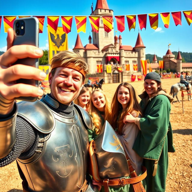 A whimsical selfie taken in a medieval setting, featuring a knight in shining armor with a confident smile, a vibrant jousting tournament backdrop with colorful banners and horses, and an enchanting castle in the distance