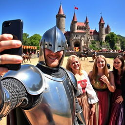 A whimsical selfie taken in a medieval setting, featuring a knight in shining armor with a confident smile, a vibrant jousting tournament backdrop with colorful banners and horses, and an enchanting castle in the distance