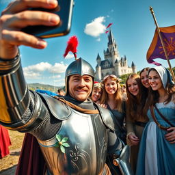 A whimsical selfie taken in a medieval setting, featuring a knight in shining armor with a confident smile, a vibrant jousting tournament backdrop with colorful banners and horses, and an enchanting castle in the distance