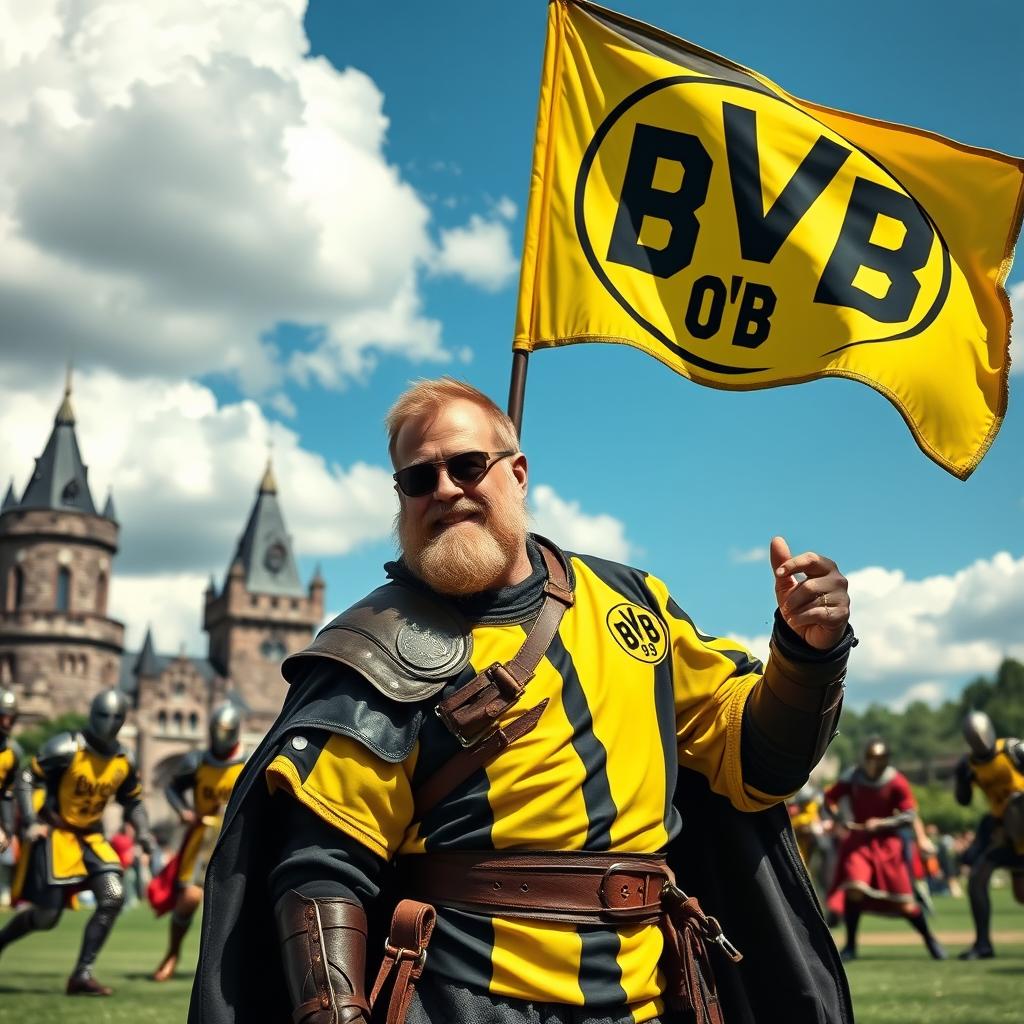 A medieval Borussia Dortmund (BVB) fan, wearing a vintage style BVB soccer jersey, holding a flag with the iconic yellow and black colors