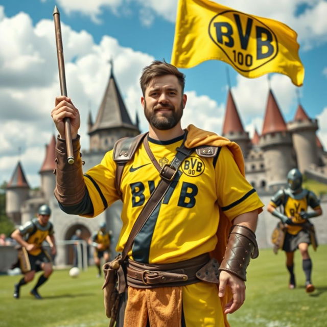 A medieval Borussia Dortmund (BVB) fan, wearing a vintage style BVB soccer jersey, holding a flag with the iconic yellow and black colors