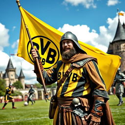 A medieval Borussia Dortmund (BVB) fan, wearing a vintage style BVB soccer jersey, holding a flag with the iconic yellow and black colors