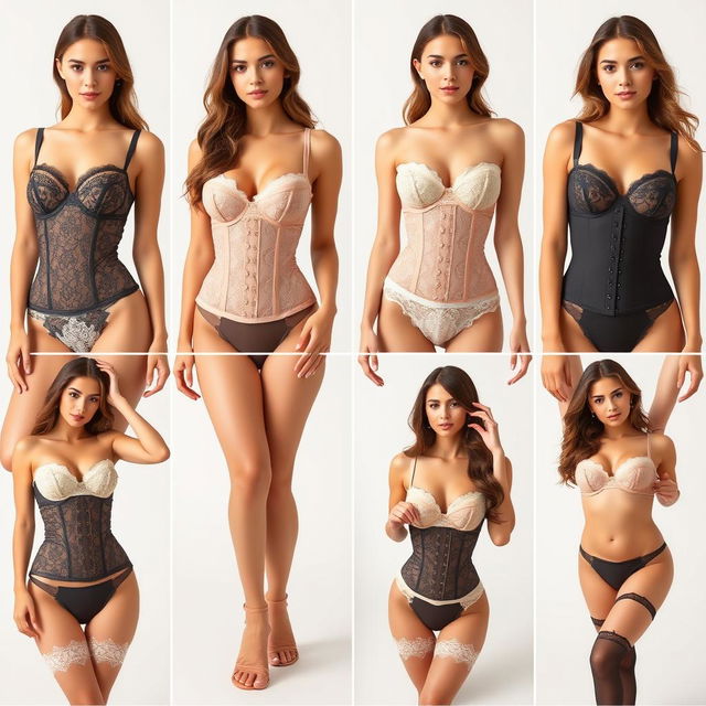 A collection of images featuring various beautiful young women wearing Lace Non-Padded Underwired Balcony Basque Sets