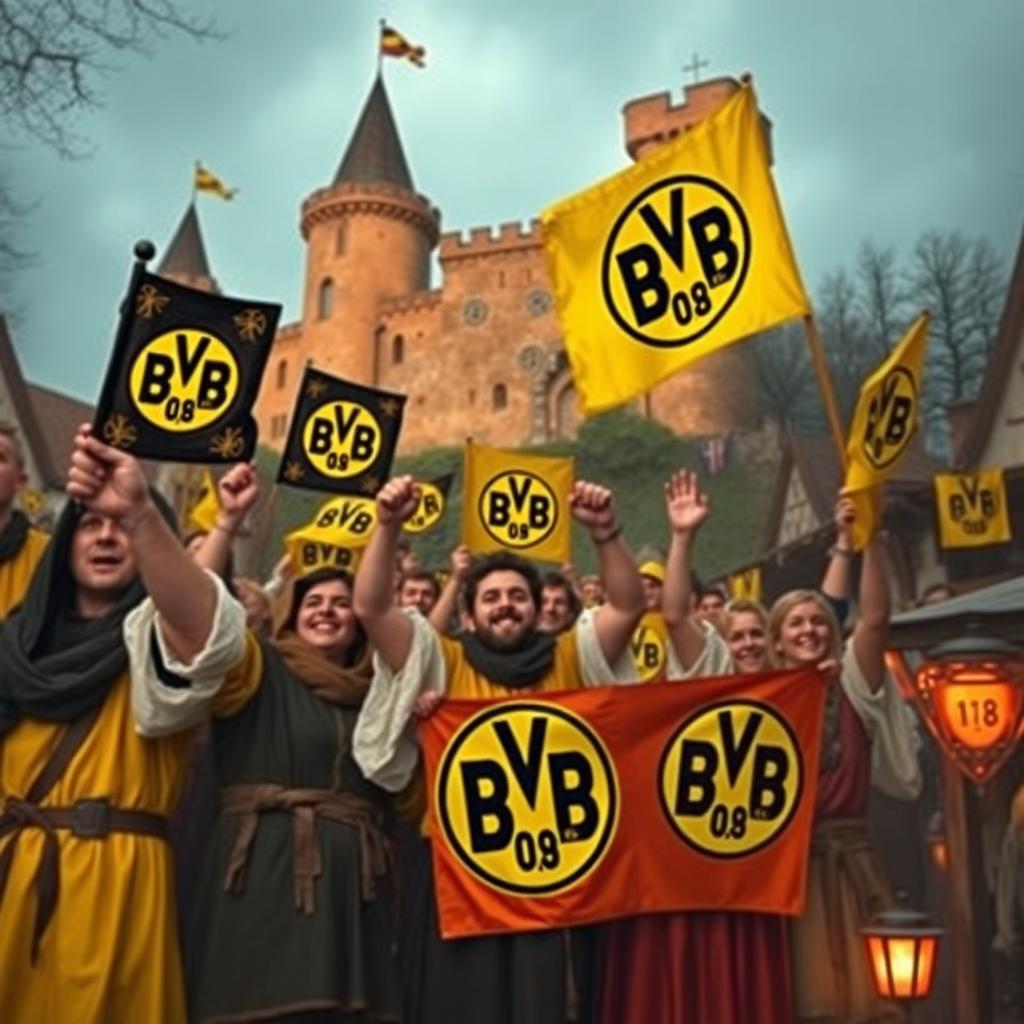 A medieval scene showcasing fans of Borussia Dortmund (BVB) dressed in traditional medieval attire, including tunics and cloaks, proudly displaying banners and flags with the BVB logo