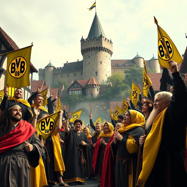 A medieval scene showcasing fans of Borussia Dortmund (BVB) dressed in traditional medieval attire, including tunics and cloaks, proudly displaying banners and flags with the BVB logo