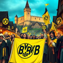 A medieval scene showcasing fans of Borussia Dortmund (BVB) dressed in traditional medieval attire, including tunics and cloaks, proudly displaying banners and flags with the BVB logo