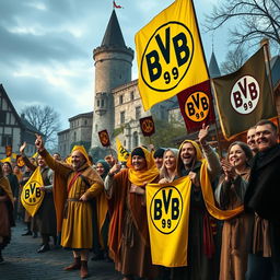 A medieval scene showcasing fans of Borussia Dortmund (BVB) dressed in traditional medieval attire, including tunics and cloaks, proudly displaying banners and flags with the BVB logo