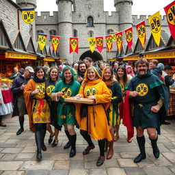 A medieval festival featuring passionate Borussia Dortmund (BVB) fans dressed in elaborate medieval garments, including colorful tunics, cloaks, and historical accessories, showcasing the BVB logo on their attire