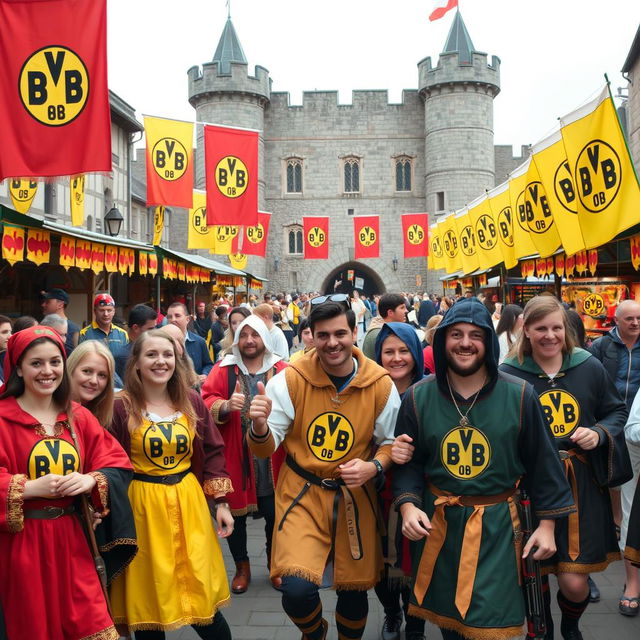 A medieval festival featuring passionate Borussia Dortmund (BVB) fans dressed in elaborate medieval garments, including colorful tunics, cloaks, and historical accessories, showcasing the BVB logo on their attire