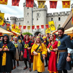 A medieval festival featuring passionate Borussia Dortmund (BVB) fans dressed in elaborate medieval garments, including colorful tunics, cloaks, and historical accessories, showcasing the BVB logo on their attire