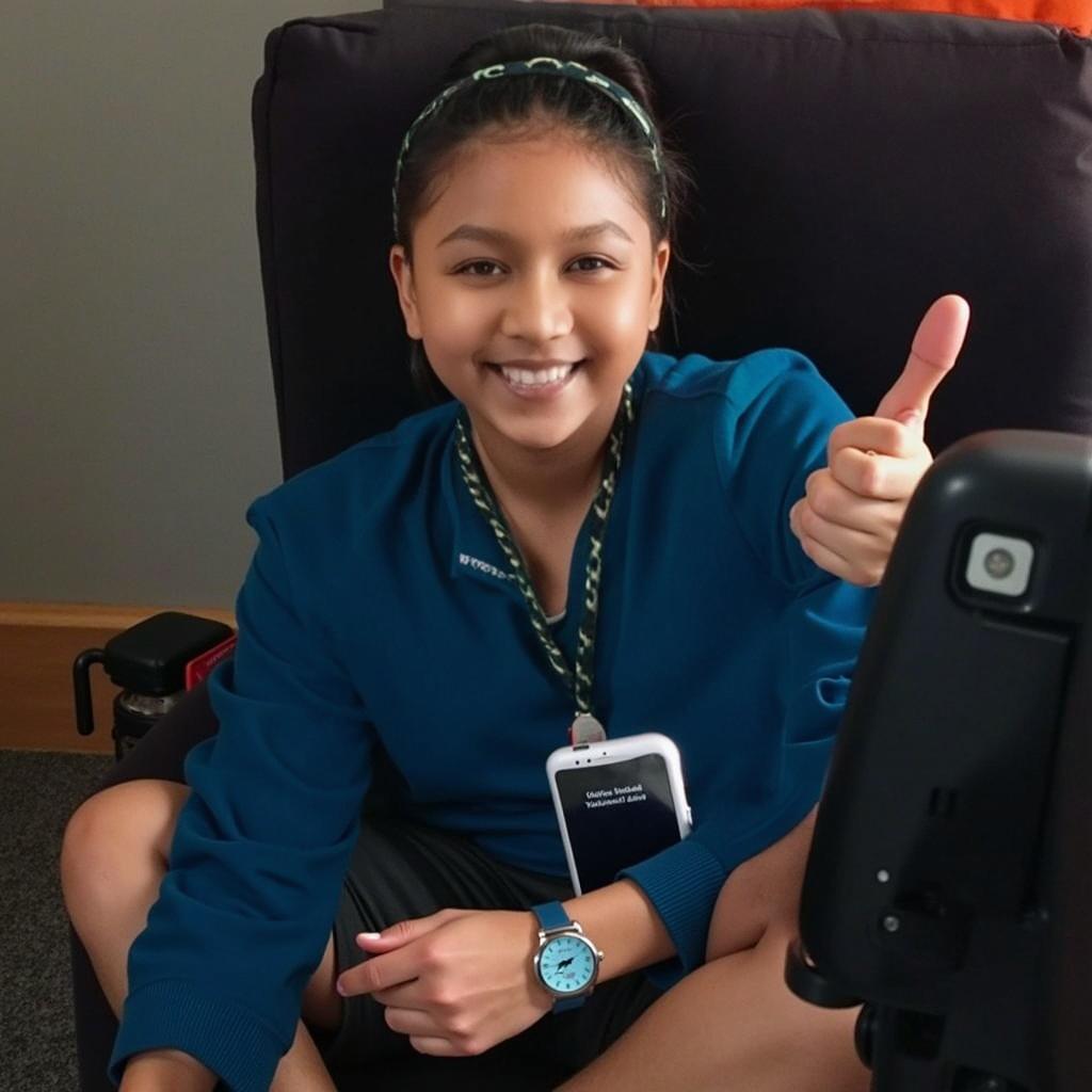 A young girl sitting on a couch, smiling brightly while giving the peace sign