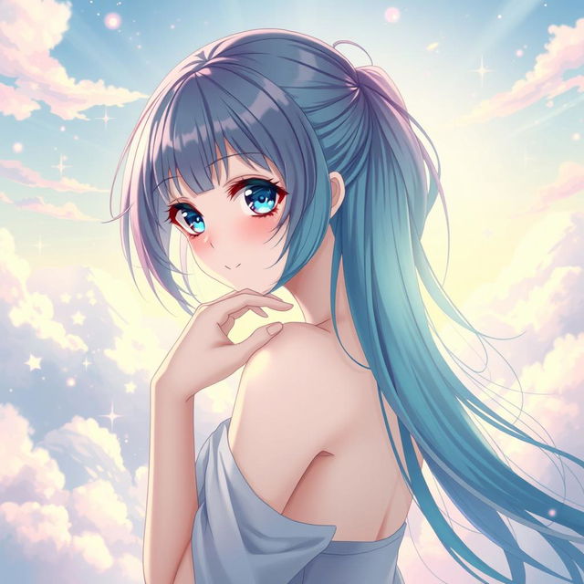 A beautifully rendered anime style scene featuring a graceful, elegant female character, posed artistically to emphasize beauty and form