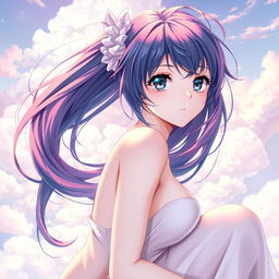 A beautifully rendered anime style scene featuring a graceful, elegant female character, posed artistically to emphasize beauty and form