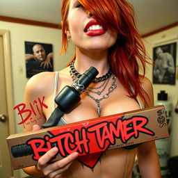 A close-up on a sexy female redhead with a large chest and noticeable cleavage, wearing a tank top adorned with punk chains