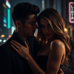 An enigmatic and alluring couple entangled in a toxic romance, their eyes sparkling with seductive intentions