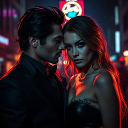 An enigmatic and alluring couple entangled in a toxic romance, their eyes sparkling with seductive intentions