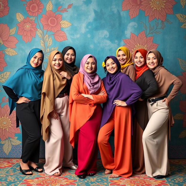 A group of strong, confident Muslim women wearing colorful hijabs and stylish panties, embracing their individuality and culture