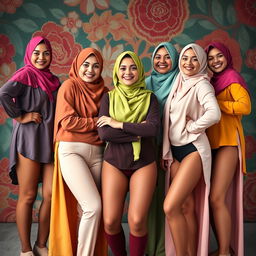 A group of strong, confident Muslim women wearing colorful hijabs and stylish panties, embracing their individuality and culture