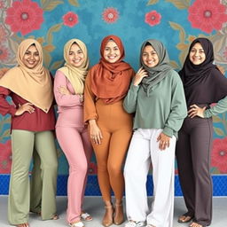 A group of strong, confident Muslim women wearing colorful hijabs and stylish panties, embracing their individuality and culture