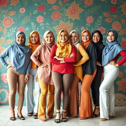 A group of strong, confident Muslim women wearing colorful hijabs and stylish panties, embracing their individuality and culture