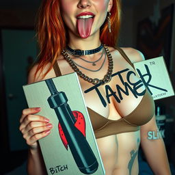 A close-up torso shot of a sexy female redhead wearing a fitted tank top, adorned with punk chains