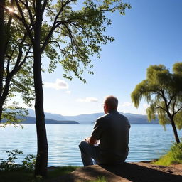 A serene scene depicting a person sitting peacefully by a lake, reflecting on life and letting go of guilt