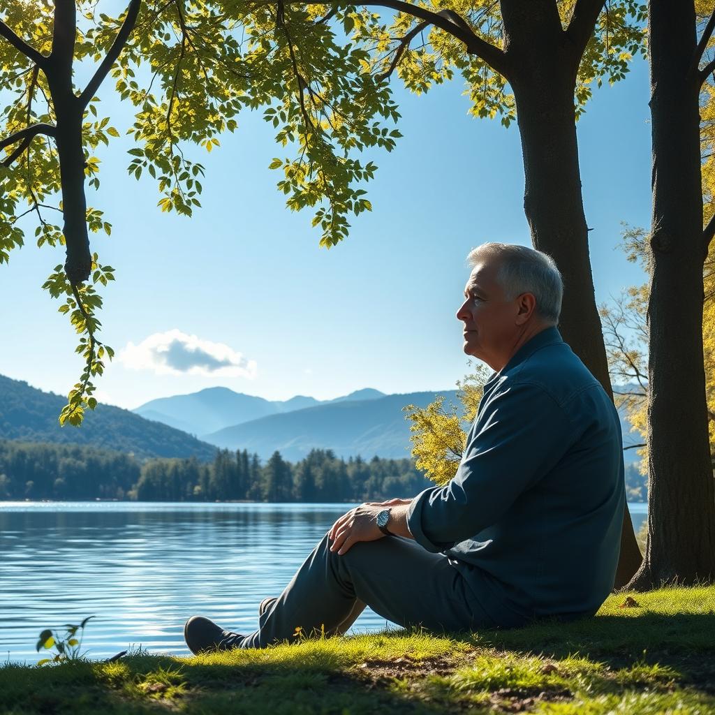 A serene scene depicting a person sitting peacefully by a lake, reflecting on life and letting go of guilt