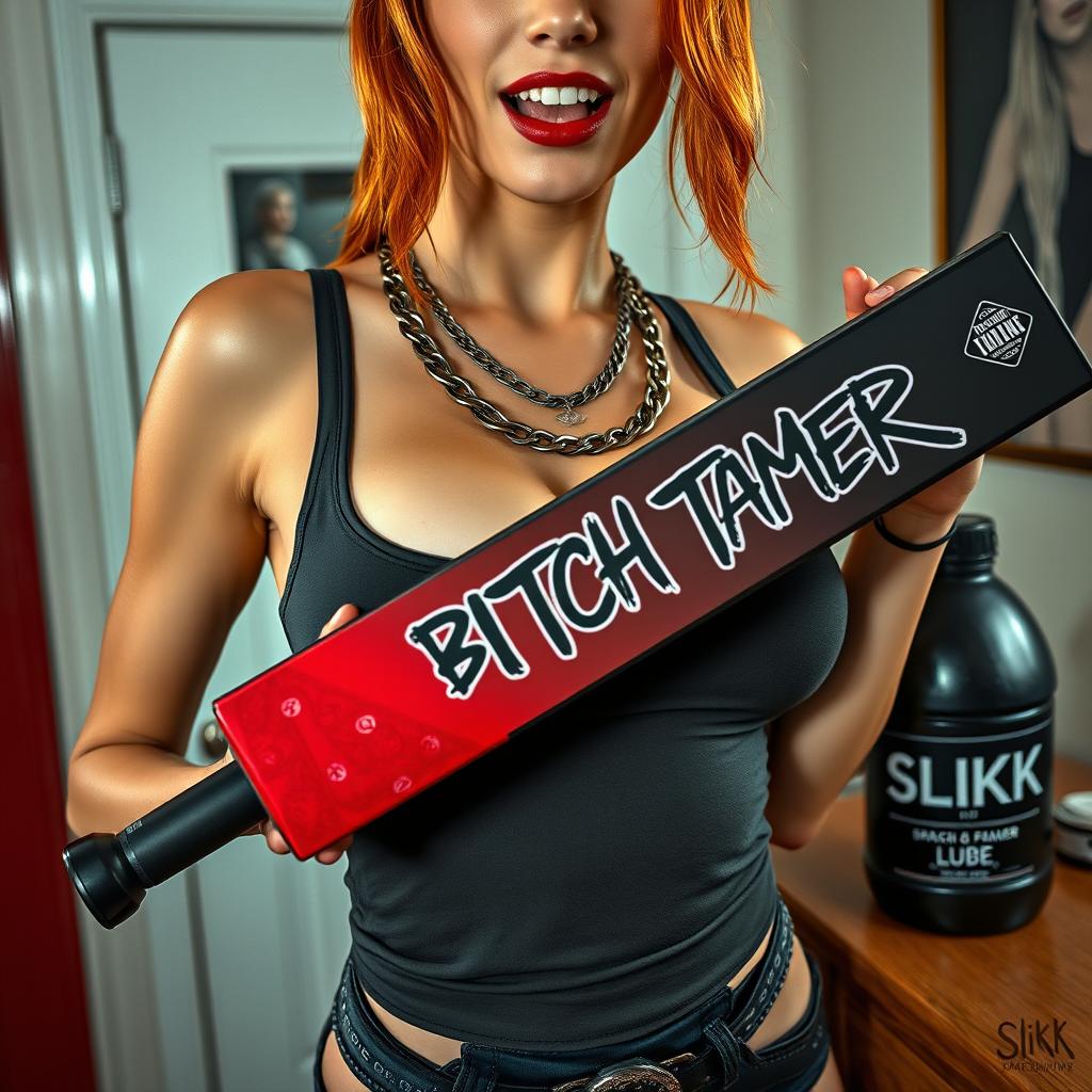 A close-up torso shot of a sexy female redhead, wearing a fitted tank top adorned with punk chains