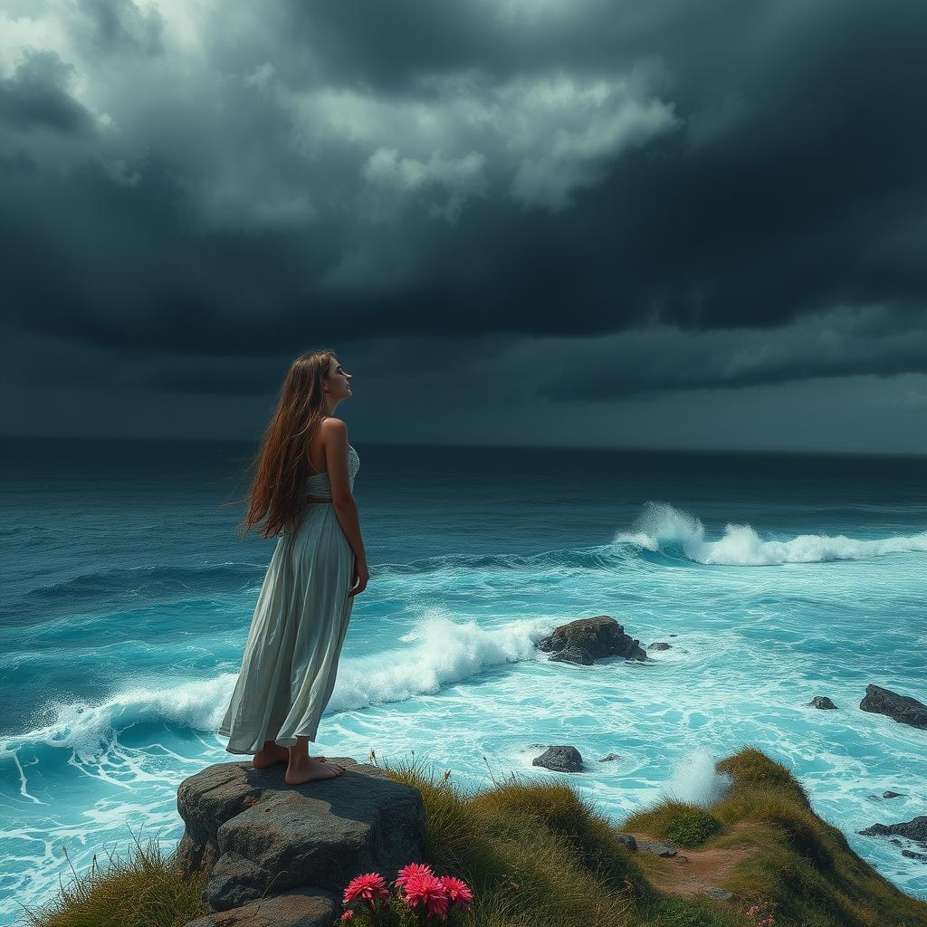 An emotionally charged scene depicting a solitary figure standing on a cliff edge, gazing out into a turbulent ocean below as waves crash against the rocks