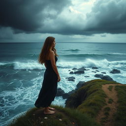 An emotionally charged scene depicting a solitary figure standing on a cliff edge, gazing out into a turbulent ocean below as waves crash against the rocks