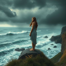 An emotionally charged scene depicting a solitary figure standing on a cliff edge, gazing out into a turbulent ocean below as waves crash against the rocks