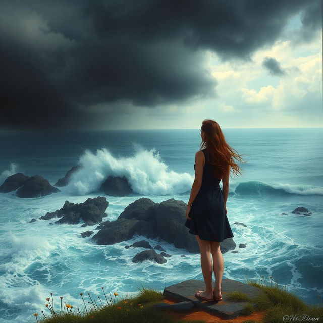 An emotionally charged scene depicting a solitary figure standing on a cliff edge, gazing out into a turbulent ocean below as waves crash against the rocks