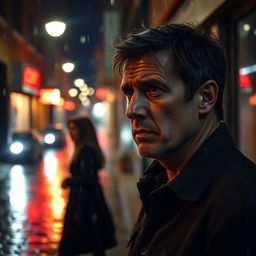 An intense and emotional scene of a man in his late thirties, with a troubled expression, standing under a dimly lit streetlamp in a rain-soaked alley