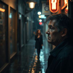 An intense and emotional scene of a man in his late thirties, with a troubled expression, standing under a dimly lit streetlamp in a rain-soaked alley