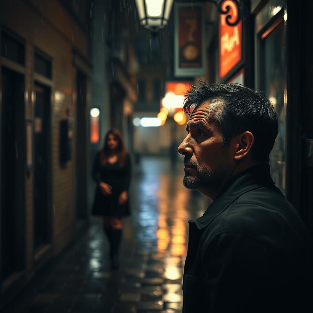 An intense and emotional scene of a man in his late thirties, with a troubled expression, standing under a dimly lit streetlamp in a rain-soaked alley