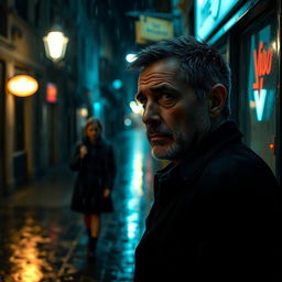 An intense and emotional scene of a man in his late thirties, with a troubled expression, standing under a dimly lit streetlamp in a rain-soaked alley