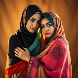 Two stunning Arab women wearing colorful hijabs, in a beautifully warm setting that highlights their beauty and grace