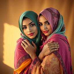 Two stunning Arab women wearing colorful hijabs, in a beautifully warm setting that highlights their beauty and grace