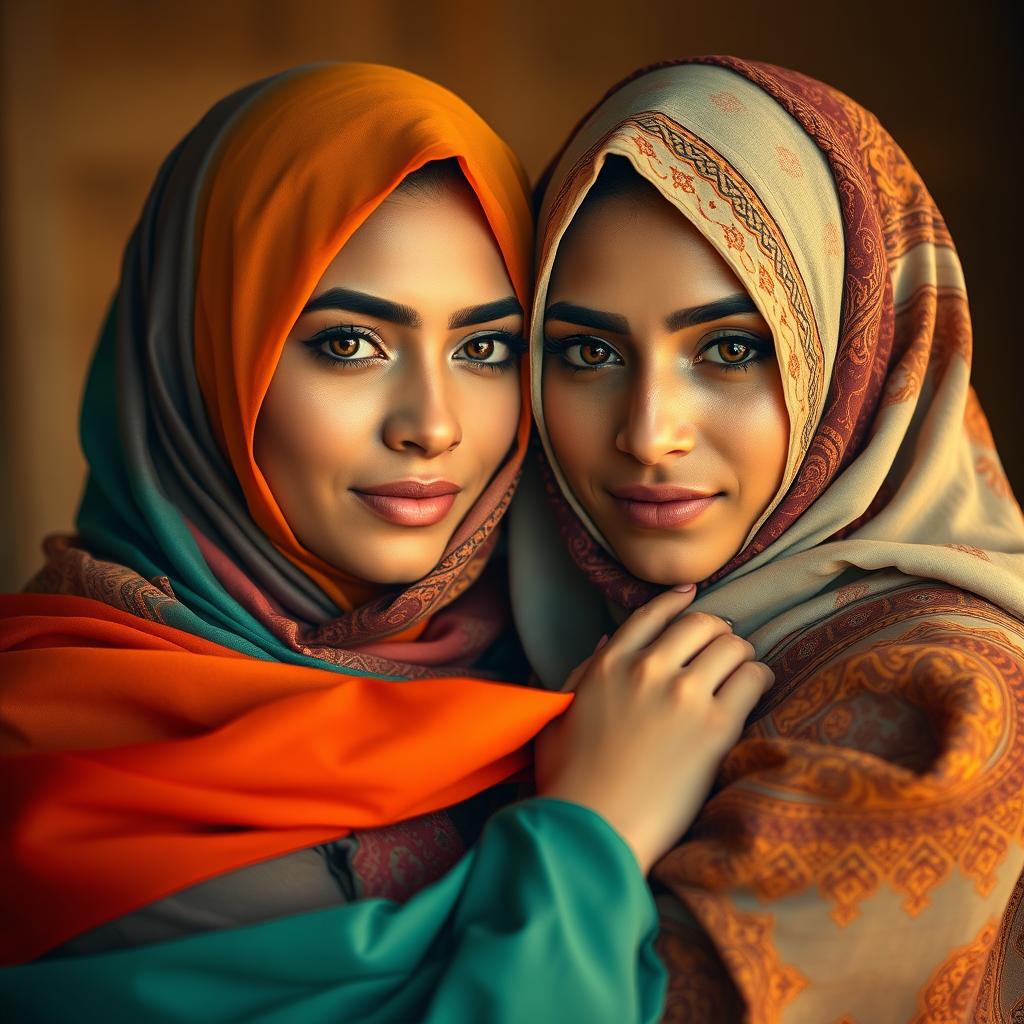 Two stunning Arab women wearing colorful hijabs, in a beautifully warm setting that highlights their beauty and grace