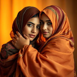 Two stunning Arab women wearing colorful hijabs, in a beautifully warm setting that highlights their beauty and grace