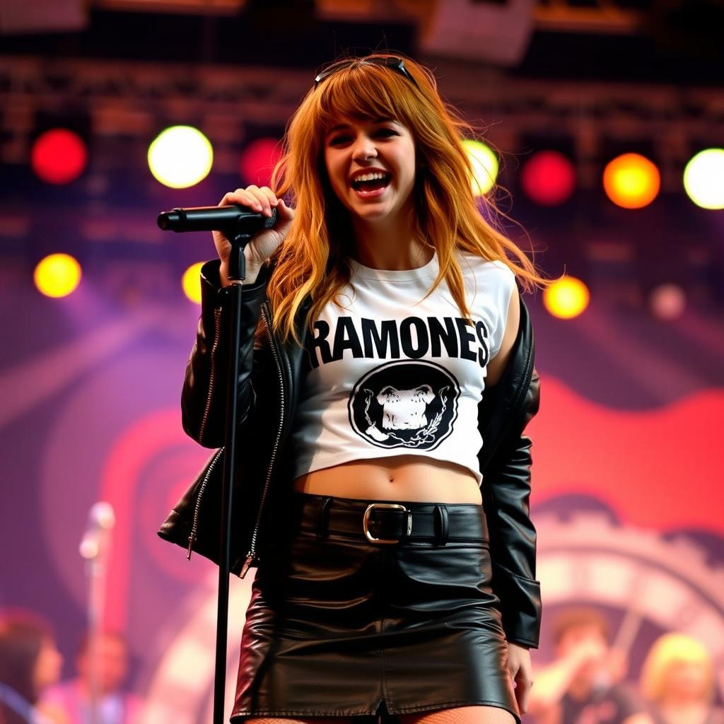 A girl with hair that blends shades of brown and orange, wearing a black leather skirt, a white Ramones crop top, and a leather jacket