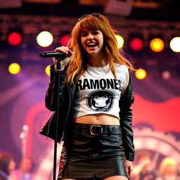 A girl with hair that blends shades of brown and orange, wearing a black leather skirt, a white Ramones crop top, and a leather jacket