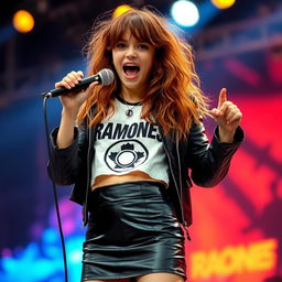 A girl with hair that blends shades of brown and orange, wearing a black leather skirt, a white Ramones crop top, and a leather jacket