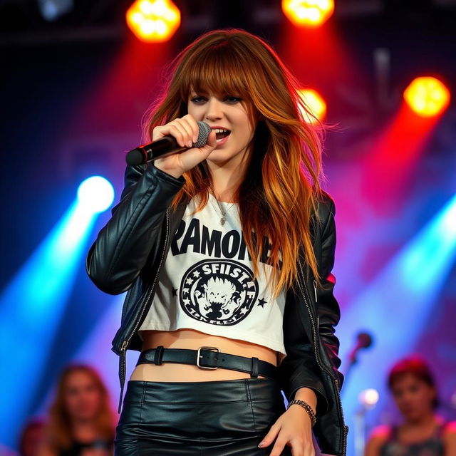 A girl with hair that blends shades of brown and orange, wearing a black leather skirt, a white Ramones crop top, and a leather jacket